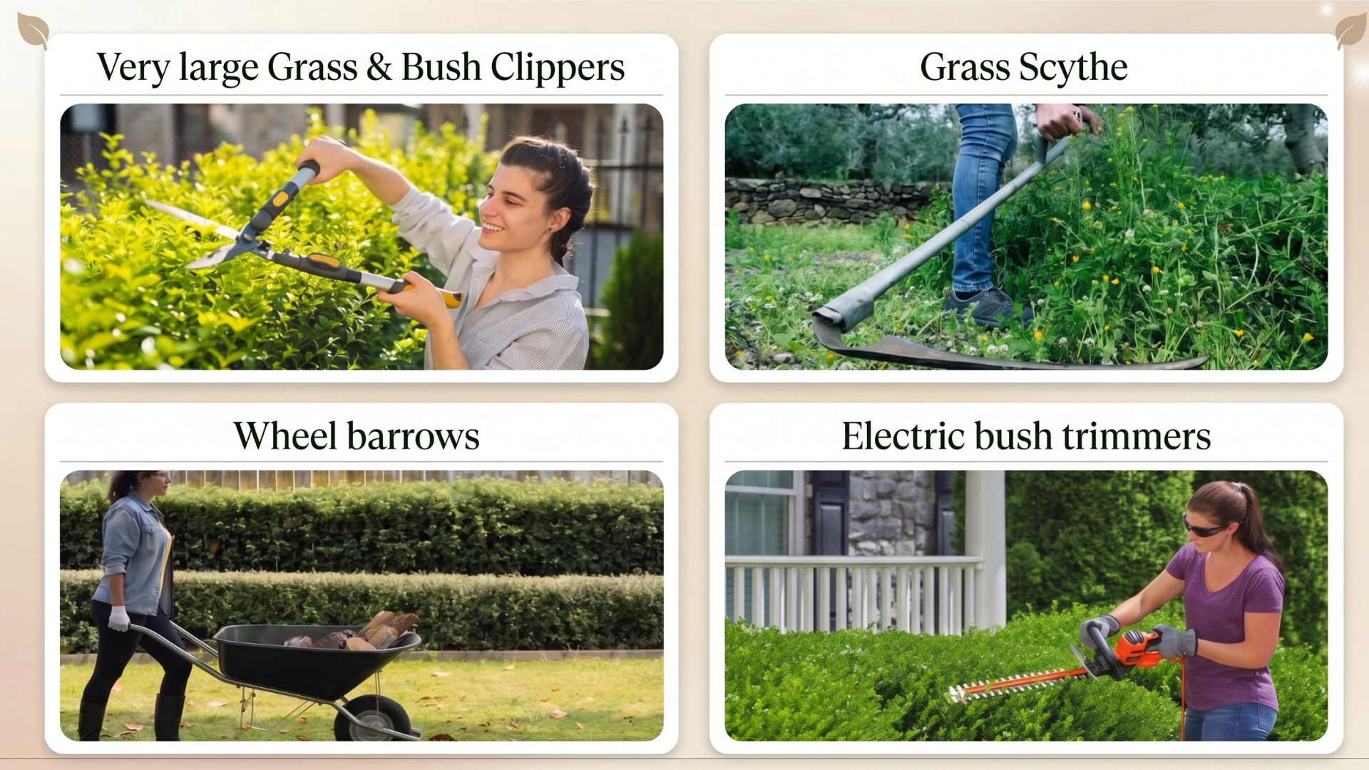 Work Party tool reference — grass & bush clippers, grass scythe, wheelbarrows, electric bush trimmers