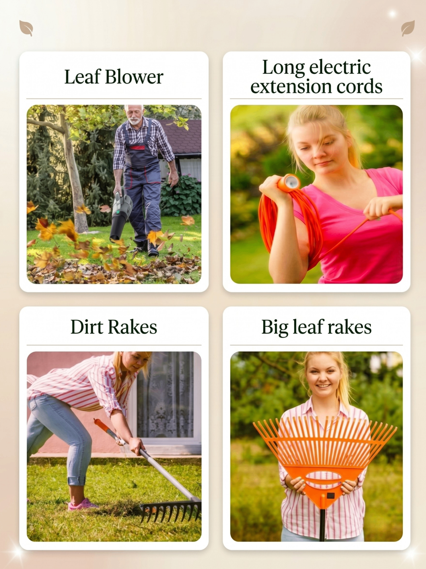 Work Party tool reference — leaf blower, extension cords, dirt rakes, leaf rakes