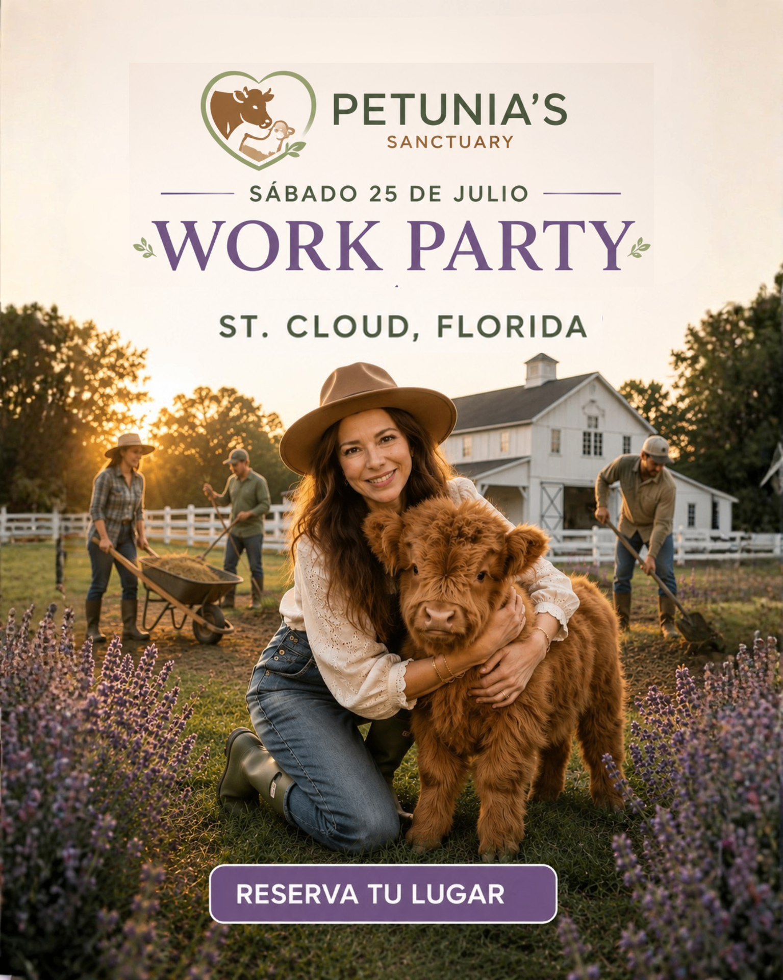 Volunteers and rescued farm animals at a Florida sanctuary in golden hour light