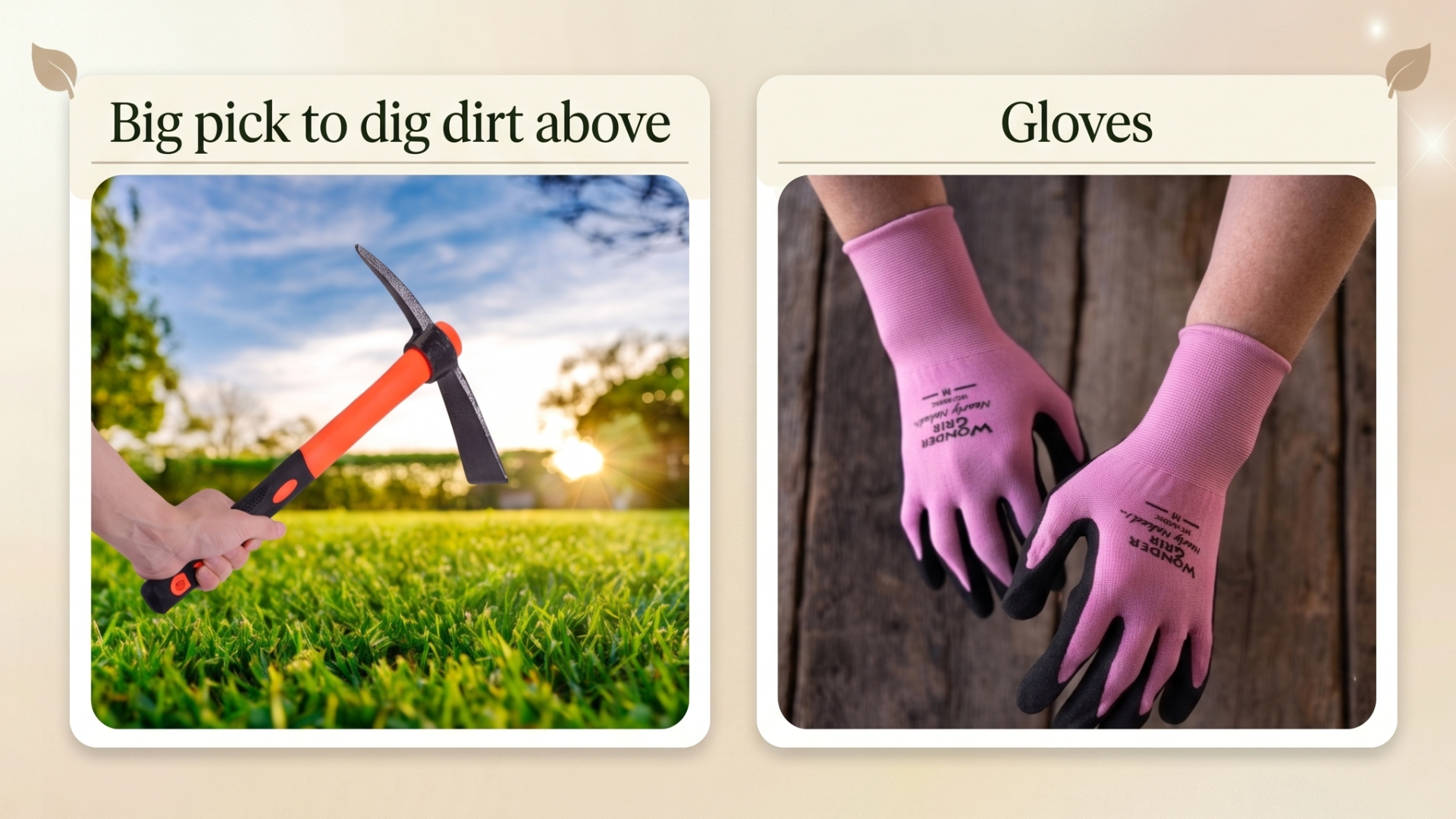 Work Party tool reference — big pick to dig dirt, gloves
