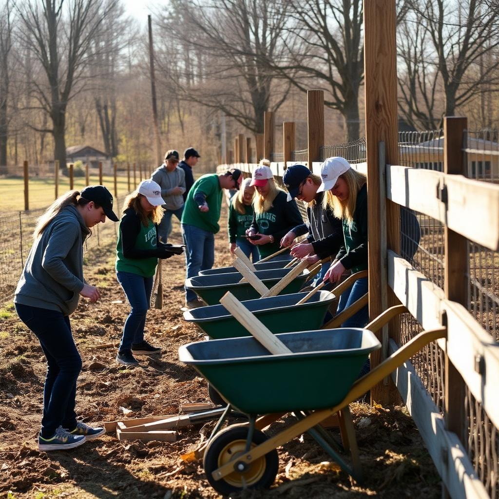Volunteers building a fence