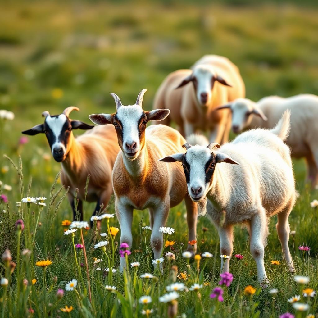 Rescued goats and sheep in wildflowers