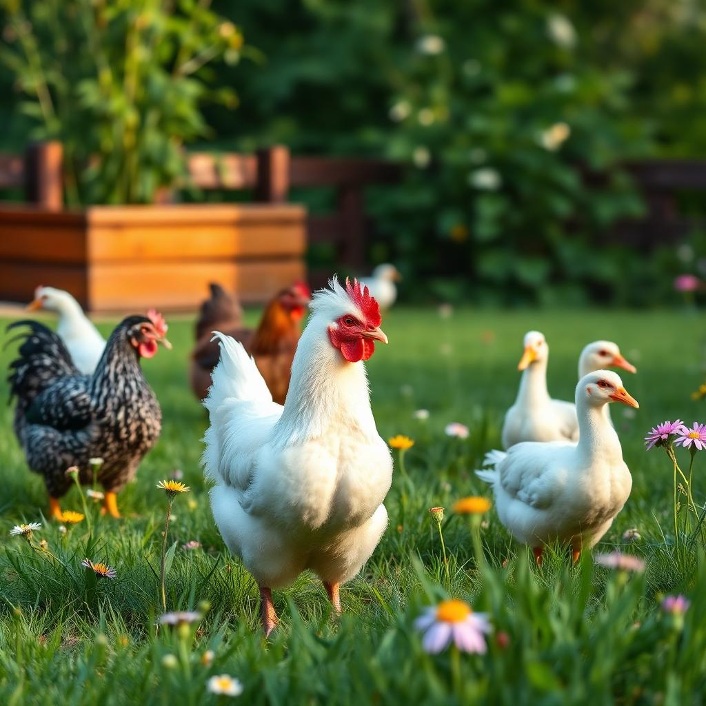 Chickens and ducks in the yard